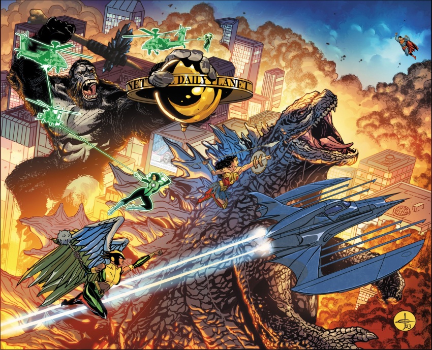 abs ah-64_apache aircraft alien ape armor armored_skirt attack_helicopter axe batman batman_(series) battle_axe batwing_(aircraft) bodysuit bone bone_axe cape claws cloud cloudy_sky crossover dc_comics dinosaur drew_johnson exhaust explosion fangs fire giant giant_monster gills glowing glowing_axe glowing_weapon godzilla godzilla_(series) godzilla_vs._kong gorilla green_lantern green_lantern_(series) hawkgirl helicopter highres justice_league kaiju king_kong king_kong_(series) legendary_pictures mace monster monsterverse multiple_crossover muscular muscular_male night official_art open_mouth overcast pectorals polearm red_eyes roaring scar scar_on_chest sea_monster sharp_teeth shield size_difference skirt sky smoke spear spikes superhero_costume superman superman_(series) teeth toho tongue weapon wonder_woman wonder_woman_(series)