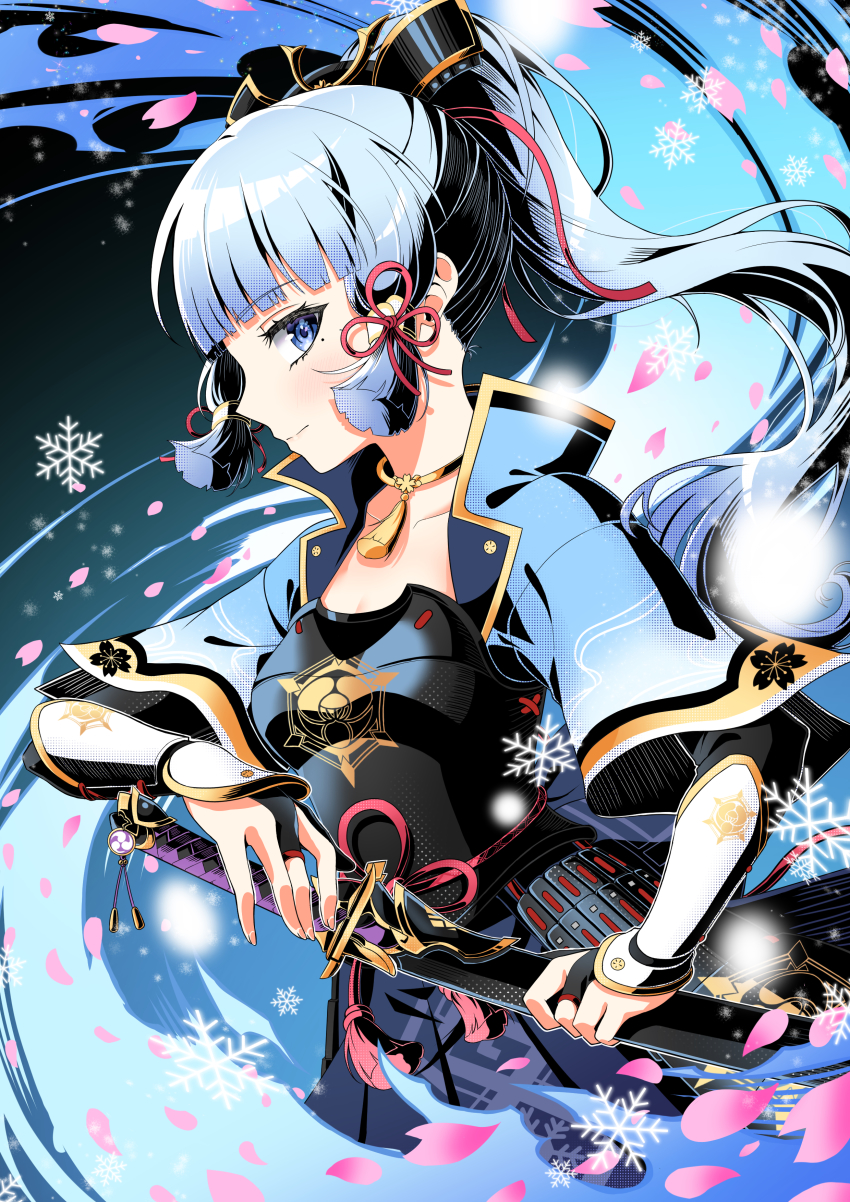 1girl absurdres arm_guards armor armored_dress ayaka_(genshin_impact) black_gloves blue_capelet blue_eyes blunt_bangs breastplate capelet closed_mouth dou dress flower_knot from_side genshin_impact gloves grey_eyes hair_ornament hair_ribbon hand_on_sheath highres holding holding_sword holding_weapon ice japanese_armor jewelry katana kusazuri long_hair mistsplitter_reforged_(genshin_impact) mole mole_under_eye neck_ring neck_tassel partially_fingerless_gloves petals ponytail ribbon sheath sheathed snowflakes solo sword tress_ribbon upper_body weapon yuito_(yuitokobunasbs0)
