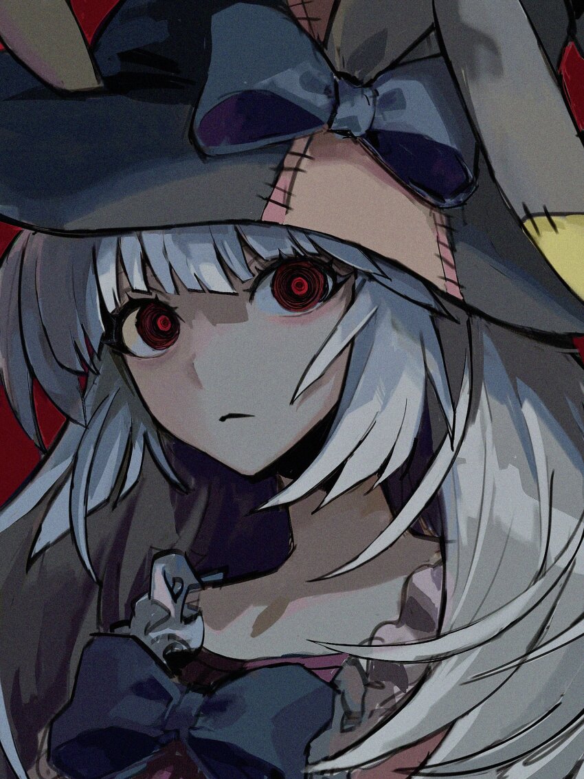 1girl animal_ears bow bowtie dress expressionless hat highres irisu_kyouko irisu_shoukougun! jiz_(pffbq) long_hair looking_at_viewer rabbit_ears red_background red_eyes ringed_eyes solo upper_body white_hair witch_hat