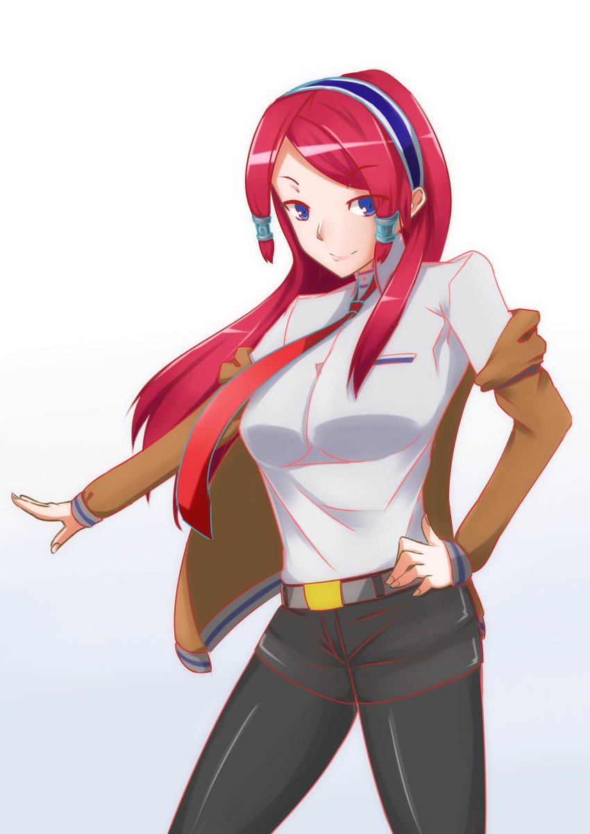 1girl 5pb. absurdres arc_system_works artist_request blazblue blue_eyes breasts cosplay female_focus gradient_background hair_tubes hairband hand_on_own_hip highres imai_asami jacket long_hair makise_kurisu makise_kurisu_(cosplay) necktie nitroplus pantyhose pantyhose_under_shorts red_hair science_adventure shorts smile solo steins;gate tsubaki_yayoi voice_actor_connection