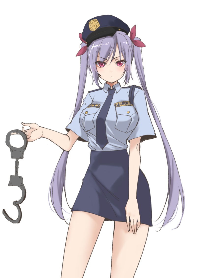 1girl assault_lily black_hat black_necktie black_skirt blue_shirt breast_pocket breasts closed_mouth collared_shirt commentary_request cowboy_shot cuffs hair_between_eyes hair_ribbon hand_on_own_thigh hand_up handcuffs hat high-waist_skirt highres holding holding_handcuffs large_breasts light_blush long_hair looking_at_viewer matsumura_fuuka miniskirt necktie peaked_cap pink_eyes pink_ribbon pocket police police_hat police_uniform policewoman purple_hair ribbon shirt short_sleeves shoulder_boards simple_background skirt solo standing twintails urutsu_sahari v-shaped_eyebrows very_long_hair white_background