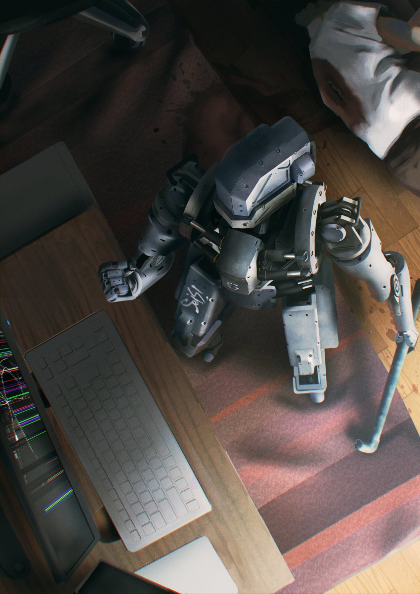 absurdres assassination bad_id bad_twitter_id blood blood_on_clothes blouse clenched_hand computer corpse cracked_screen from_above highres holding holding_paper humanoid_robot industrial_pipe keyboard kusami_toka_naku_au looking_down monitor original paper robot science_fiction shirt white_shirt