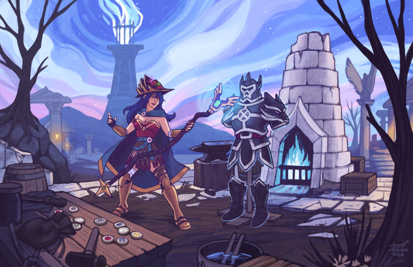 1girl absurdres anvil armor armored_boots bandaged_leg bandages bare_tree barrel belt blacksmith blacksmith_tongs blue_fire blue_hair boots breastplate breasts brick brown_gloves bucket bucket_of_water cape casting_spell commentary commission crate dang_(runescape) dirt duellist&#039;s_cap_(tier_6) english_commentary fingerless_gloves fire flower forge full_body furnace gladiator gloves gold_trim greaves green_belt green_cape hammer hat helmet highres holding jar kerri_aitken lake leotard lighthouse long_hair medium_breasts old_school_runescape original pauldrons poleyn red_leotard runes runescape shoulder_armor smile solo spiked_ear_piercing staff_of_armadyl_(runescape) standing statue stone_floor sun_symbol tongs tools tree weapon yellow_eyes