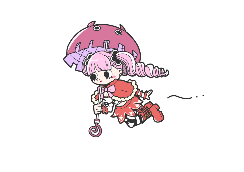 1girl absurdres blush_stickers boots capelet drill_hair flying hashtag-only_commentary hi_ina highres holding holding_umbrella one_piece pantyhose perona pink_hair pink_umbrella red_boots red_capelet red_skirt simple_background skirt smile solo striped_clothes striped_pantyhose twin_drills twintails umbrella white_background