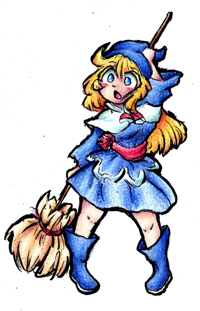 1girl :o absurdres blonde_hair blue_boots blue_dress blue_eyes blue_hat blush_stickers boots broom capelet dress hat highres holding holding_broom long_hair obi open_mouth puyopuyo red_sash sash scan scan_artifacts simple_background solo standing thatartistann traditional_media white_background white_capelet wide-eyed witch_(puyopuyo)