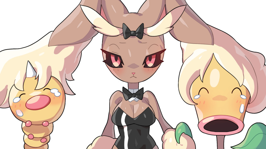 1girl :&lt; ^_^ animal_nose bellsprout black_bow black_bowtie black_leotard black_sclera blush body_fur bow bowtie breasts brown_fur bug cleavage closed_eyes closed_mouth colored_sclera covered_navel detached_collar drunkoak facing_viewer female_focus furry furry_female gen_1_pokemon gen_4_pokemon hair_bow half-closed_eyes highres holding_hands leaf leotard light_blush looking_at_viewer lopunny medium_breasts nervous nintendo plant playboy_bunny pokemon pokemon_(creature) rabbit_ears rabbit_girl red_eyes simple_background standing straight-on strapless strapless_leotard sweat tears traditional_bowtie transparent_background two-tone_fur upper_body weedle yellow_fur