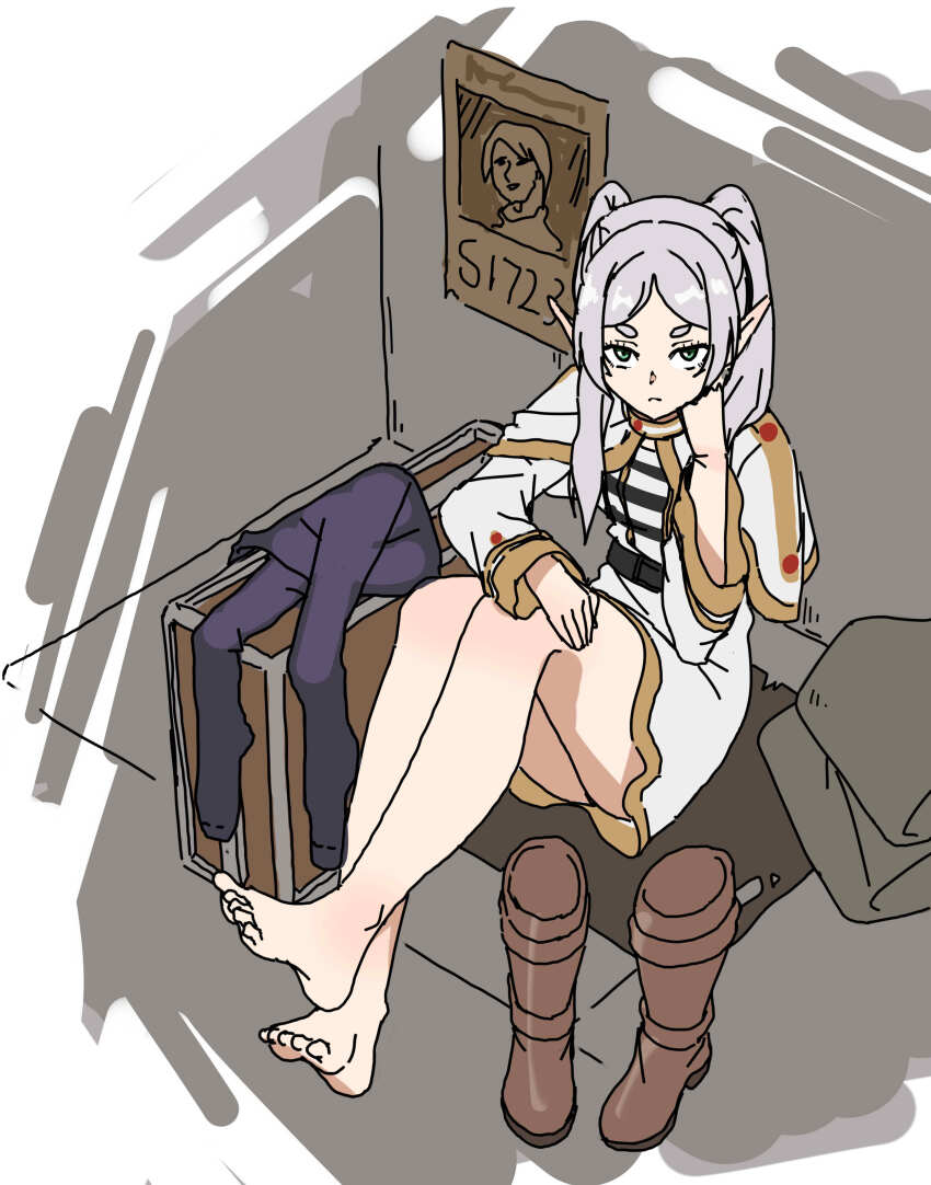 1girl absurdres barefoot boots feet frieren green_eyes grey_hair hand_on_own_knee highres long_hair looking_at_viewer pantyhose paxa349 pointy_ears shoes sousou_no_frieren toes twintails unworn_boots unworn_pantyhose unworn_shoes