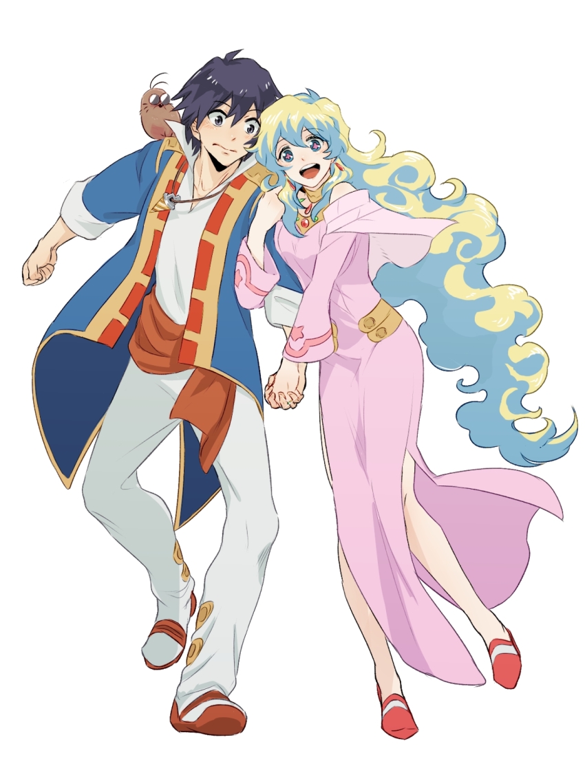 +_+ 1boy 1girl :d black_eyes black_hair blonde_hair blue_eyes blue_hair blue_jacket boota_(ttgl) closed_mouth couple dress drill earrings full_body hair_between_eyes harakawa hetero highres holding_another&#039;s_arm holding_hands interlocked_fingers jacket jewelry long_hair long_sleeves looking_at_viewer multicolored_hair necklace nia_teppelin open_clothes open_jacket open_mouth pants pink_dress shirt simon_(ttgl) smile symbol-shaped_pupils teeth tengen_toppa_gurren_lagann two-tone_hair upper_teeth_only very_long_hair white_background white_pants white_shirt