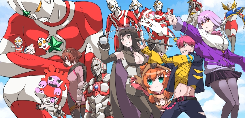 aguila alien animal_hands annotated black_directive bodysuit bow bowtie cardigan claws color_timer colored_skin commentary_request company_connection crossover gao gauma giant gloves gridman_universe highres holding holding_staff instance_domination jacket kaiju_decode kaijuu_step melos_(ultra_series) mildred_(kaiju_decode) multicolored_skin multiple_boys multiple_girls multiple_persona nyan_(ultra_nyan) orange_hair pag paw_gloves personification pigmon purple_bow purple_bowtie purple_jacket shinjou_akane sky ssss.dynazenon ssss.gridman staff stuffed_dinosaur the_ultraman_(anime) the_ultraman_(manga) tokusatsu tsuburaya_productions ultra_kaijuu_gijinka_keikaku ultra_nyan ultra_series ultraman ultraman:_the_adventure_begins ultraman_(hero&#039;s_comics) ultraman_blazar_(series) ultraman_chou_toushi_gekiden ultraman_chuck ultraman_joneus ultraman_kids ultraman_scott ultraman_suit_(hero&#039;s_comics) ultrawoman_beth umakizu white_cardigan