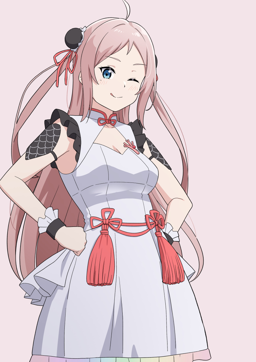 1girl ;q absurdres ahoge black_wrist_cuffs blue_eyes blush breasts bun_cover china_dress chinese_clothes cleavage cleavage_cutout clothing_cutout collarbone commentary_request double_bun dress frilled_wrist_cuffs frills hair_bun hands_on_own_hips highres long_hair looking_at_viewer love_live! love_live!_nijigasaki_high_school_idol_club love_live!_nijigasaki_high_school_idol_club_the_movie_-_finale medium_breasts mole mole_under_eye official_alternate_costume ohrinas one_eye_closed parted_bangs phoenix_(love_live!) pink_hair sidelocks solo standing tongue tongue_out white_dress wrist_cuffs zhong_lanzhu