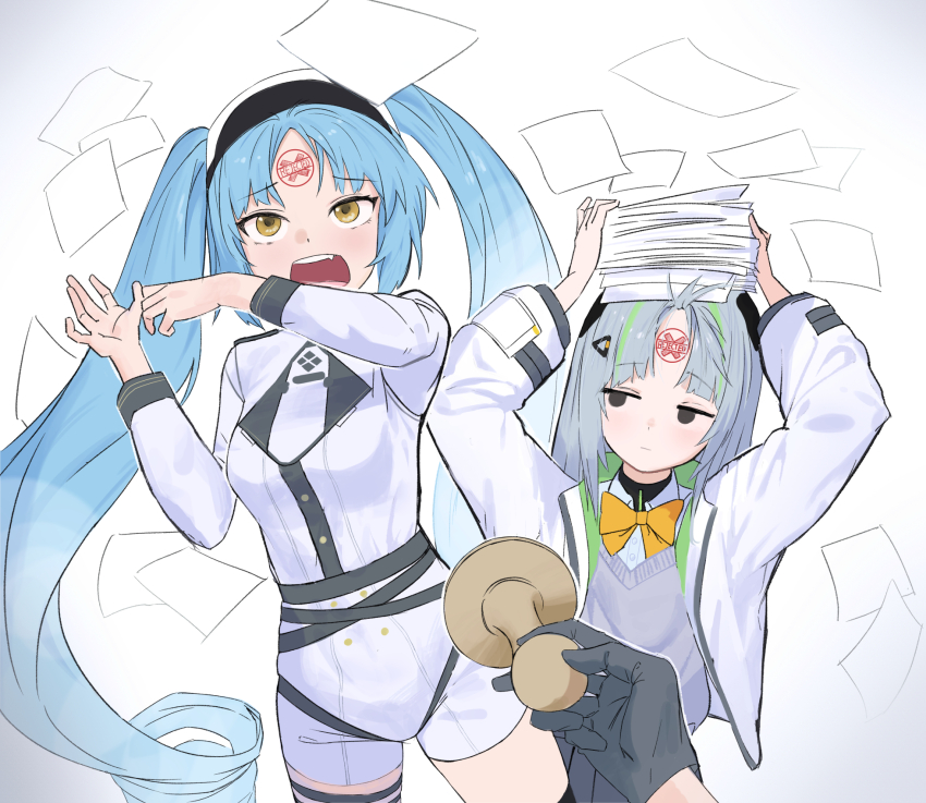 1other 2girls admi_(nikke) arms_up black_gloves blue_hair bow bowtie breasts closed_mouth cowboy_shot facial_mark forehead_mark furrowed_brow gloves goddess_of_victory:_nikke grey_hair grey_sweater hair_ornament hands_up headgear highres holding holding_paper jacket jitome jumpsuit long_hair looking_at_another looking_up medium_breasts multicolored_hair multiple_girls object_on_head open_clothes open_mouth paper paper_stack parted_bangs pov privaty_(nikke) shirt short_jumpsuit sidelocks skirt standing streaked_hair sweater thigh_strap twintails udcw4522 white_background white_jacket white_jumpsuit yellow_bow yellow_bowtie yellow_eyes