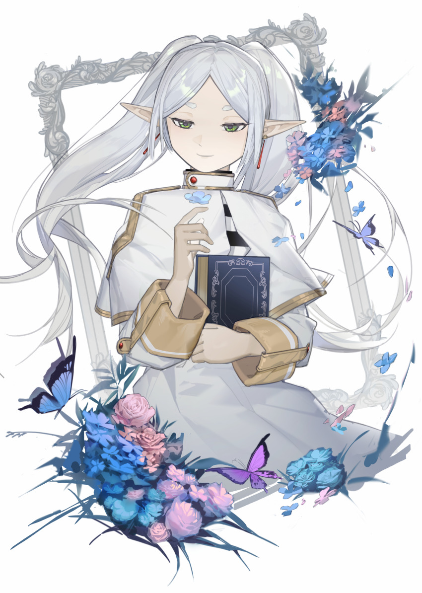 1girl absurdres blue_butterfly blue_flower book bug butterfly capelet chinese_commentary closed_mouth commentary_request earrings elf floating_hair flower frieren green_eyes highres holding holding_book insect jewelry long_hair long_sleeves parted_bangs picture_frame pink_flower pointy_ears purple_butterfly simple_background smile solo sousou_no_frieren twintails white_background white_capelet white_hair xiangyoumenggu