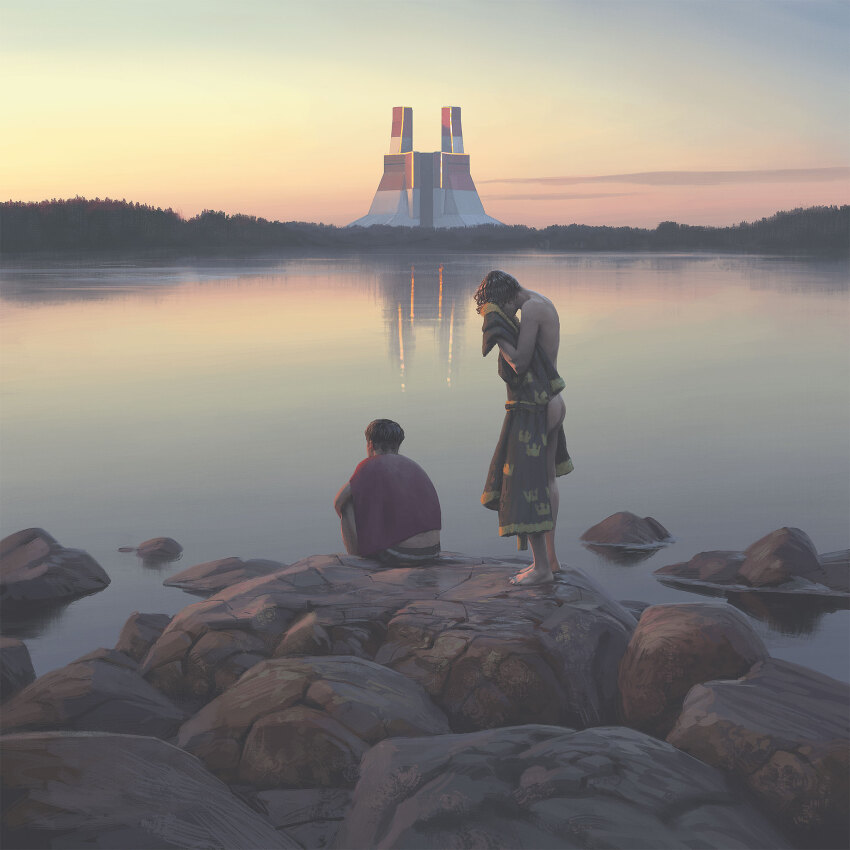 2boys bare_arms bare_shoulders barefoot building day from_behind highres lake multiple_boys outdoors reflection rock science_fiction short_hair simon_stalenhag sitting standing swedish_machines towel