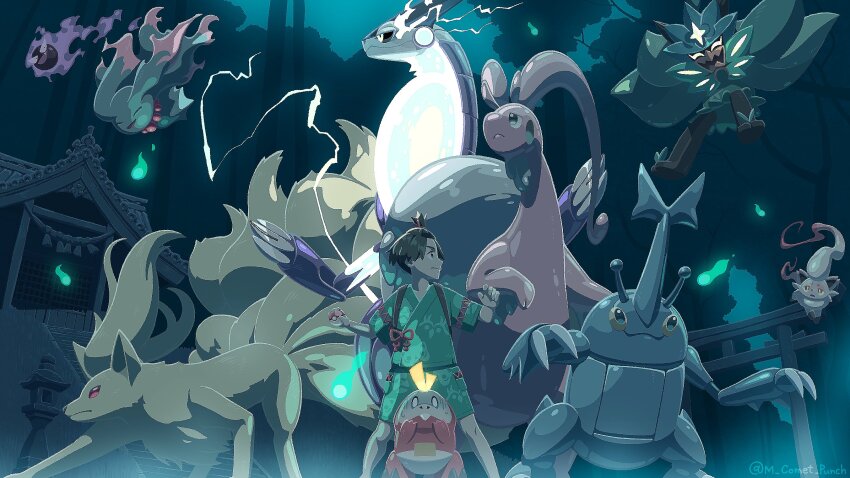 1boy brown_hair closed_mouth creatures_(company) florian_(pokemon) flutter_mane fuecoco game_freak gastly gen_1_pokemon gen_2_pokemon glowing green_jacket green_shorts heracross highres hisuian_goodra hisuian_zorua holding holding_poke_ball jacket japanese_clothes knees komepan legs_apart male_focus miko miraidon night ninetales nintendo ogerpon ogerpon_(teal_mask) outdoors poke_ball poke_ball_(basic) pokemon pokemon_(creature) pokemon_sv short_hair shorts stairs standing topknot