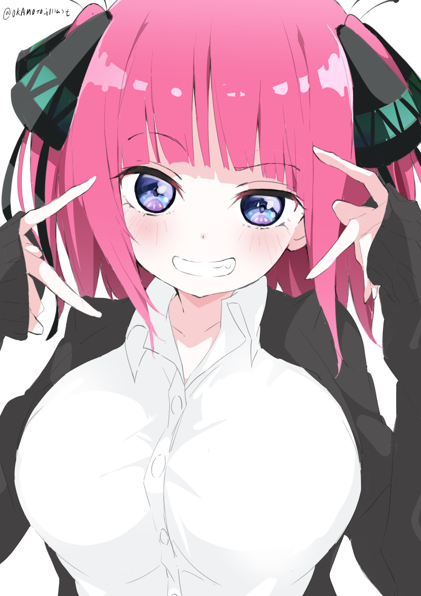 1girl absurdres blue_eyes blunt_bangs blush breasts butterfly_hair_ornament buttons collarbone collared_shirt commentary dot_nose double_inward_v double_v fang go-toubun_no_hanayome grin hair_ornament highres large_breasts long_sleeves looking_at_viewer medium_hair nakano_nino pink_hair raised_eyebrow shirt signature simple_background smile solo twitter_username upper_body v white_background white_gorilla_(okamoto) white_shirt