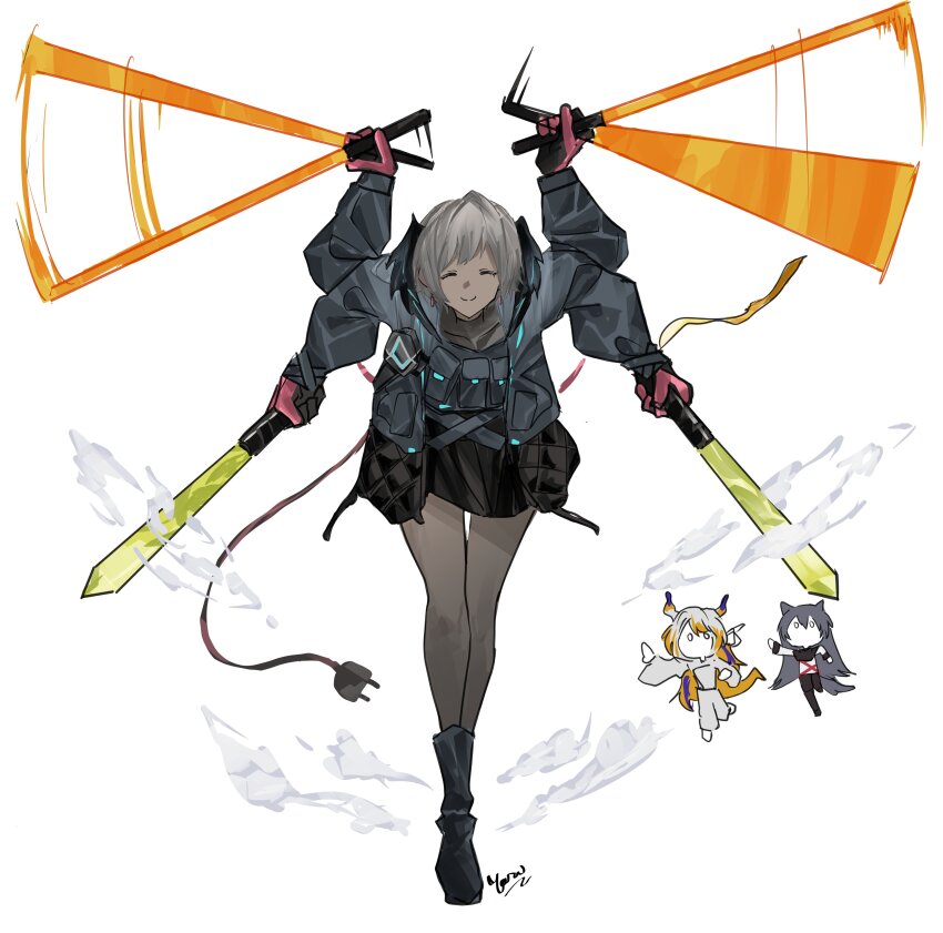 3girls ^_^ absurdres afterimage arknights black_gloves black_jacket chibi closed_eyes closed_mouth commentary commission dual_wielding electric_plug english_commentary extra_arms facing_viewer general_grievous gloves grey_hair grey_pantyhose highres holding holding_sword holding_weapon jacket leaning leaning_forward long_sleeves multiple_girls pantyhose parody pink_gloves pose_imitation quadruple_wielding raidian_(arknights) short_hair shu_(arknights) simple_background sketch smile standing star_wars star_wars:_revenge_of_the_sith sword texas_(arknights) weapon white_background yazu_(zoddiacz)