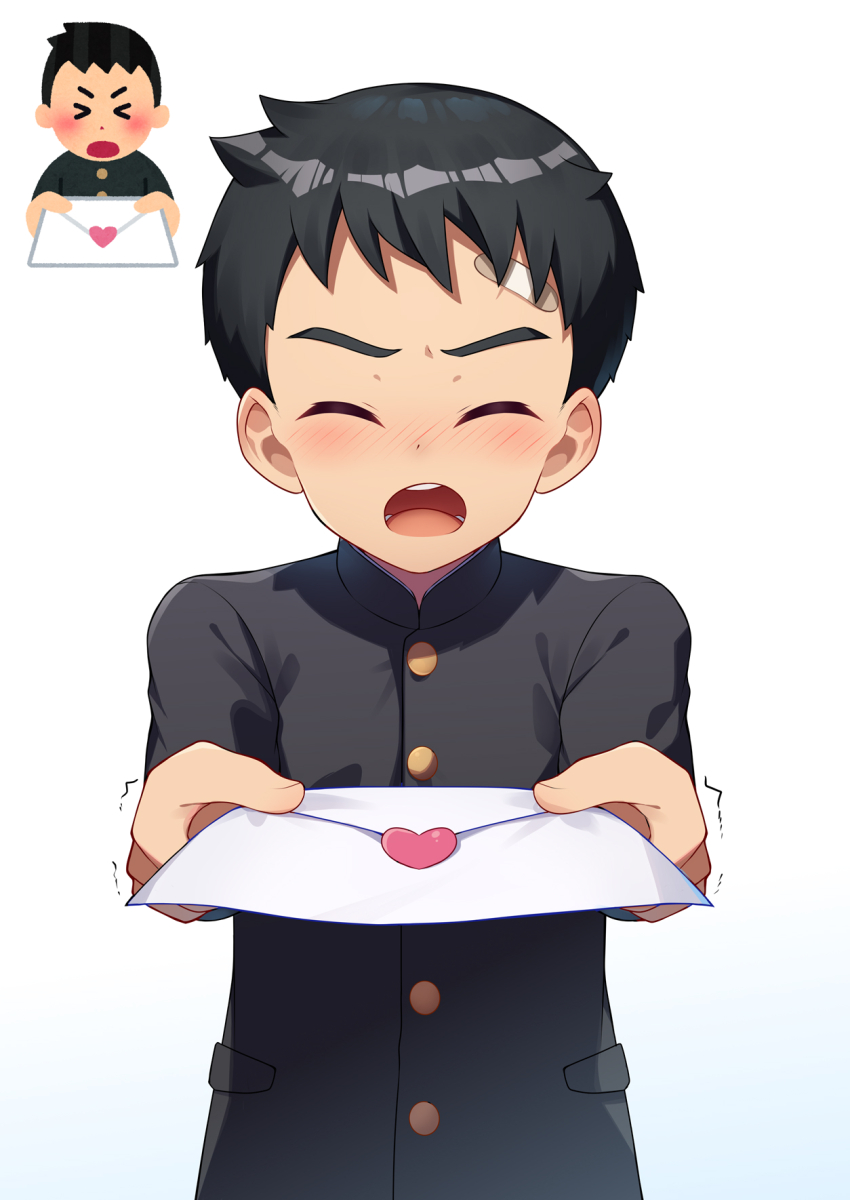 1boy bandaid bandaid_on_face bandaid_on_forehead black_hair blush closed_eyes commentary facing_viewer furrowed_brow gakuran gradient_background highres holding holding_letter irasutoya irasutoya_challenge letter liu_xi_ruki love_letter male_focus motion_lines open_mouth reference_inset school_uniform simple_background solo straight-on trembling white_background