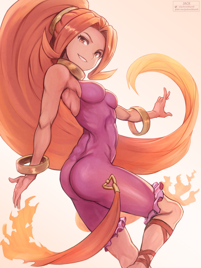 1girl arched_back artist_name ass bare_shoulders big_hair bodysuit bracelet breasts cross-laced_footwear dark-skinned_female dark_skin din eyebrows feet_out_of_frame female_focus gradient_background highres jack_rockhardt jewelry kneepits long_hair looking_at_viewer looking_back matching_hair/eyes medium_breasts neck_ring nintendo orange_eyes orange_hair orange_ribbon parted_bangs parted_lips pink_background ponytail ribbon skin_tight sleeveless smile solo standing teeth the_legend_of_zelda the_legend_of_zelda:_oracle_of_seasons twitter_username very_long_hair watermark web_address