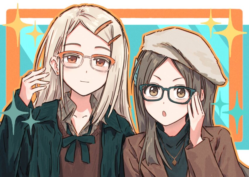 2girls :o alternate_costume beret bespectacled black_sweater blonde_hair brown-framed_eyewear brown_eyes brown_hair brown_jacket brown_shirt brown_sweater_vest bullfalk closed_mouth collarbone collared_shirt colored_eyelashes diamond_necklace dress_shirt gakuen_idolmaster glasses green-framed_eyewear green_jacket green_ribbon hair_ornament hairclip hat idolmaster jacket kuramoto_china light_smile long_sleeves looking_at_viewer loose_neck_ribbon multiple_girls neck_ribbon open_clothes open_jacket orange-framed_eyewear orange_eyes plaid_clothes plaid_shirt ribbon shinosawa_hiro shirt sidelocks sparkle sweater sweater_vest two-tone_eyewear upper_body v-shaped_eyebrows white_hat