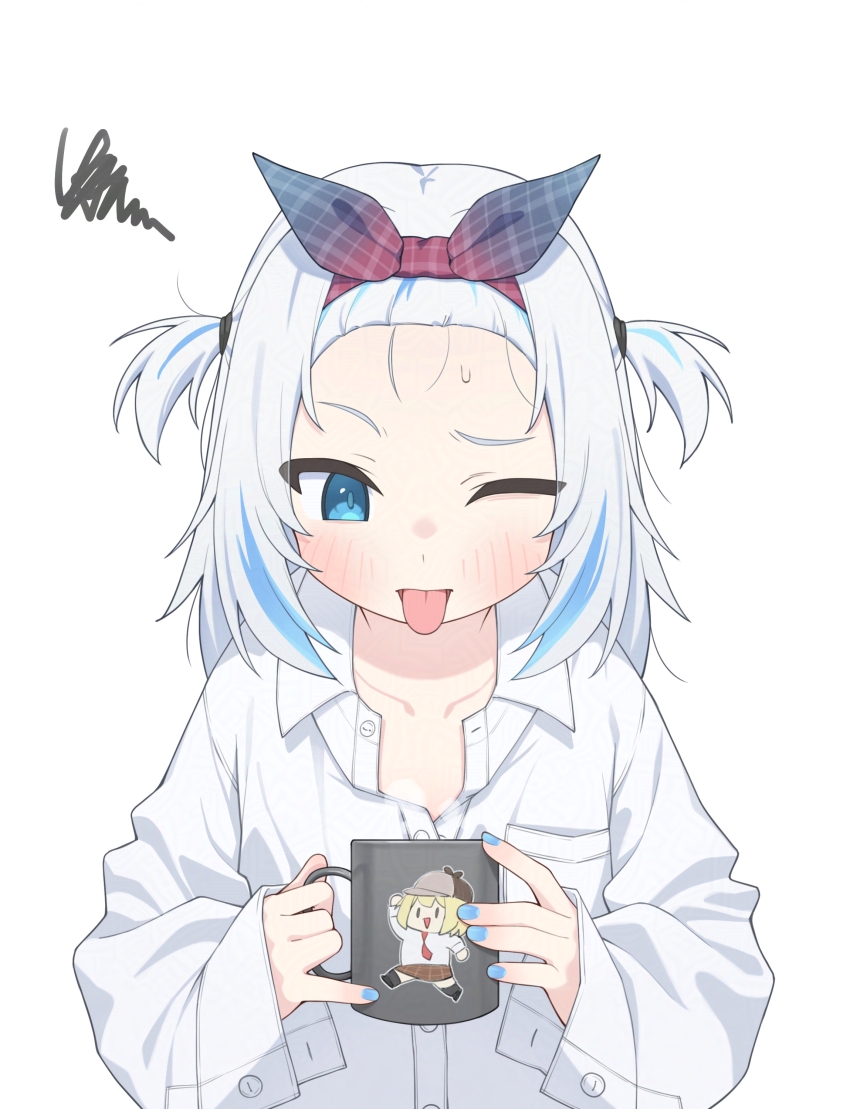 1girl absurdres bangs_pinned_back blue_eyes blue_nails blue_streaks blush coffee_mug collared_shirt cup gawr_gura hairband highres holding holding_cup hololive hololive_english long_hair mug multicolored_hair one_eye_closed open_mouth oversized_clothes partially_unbuttoned shirt smol_ame solo squiggle steam streaked_hair sweatdrop tongue tongue_out two_side_up ugaaaa1 virtual_youtuber watson_amelia white_background white_shirt