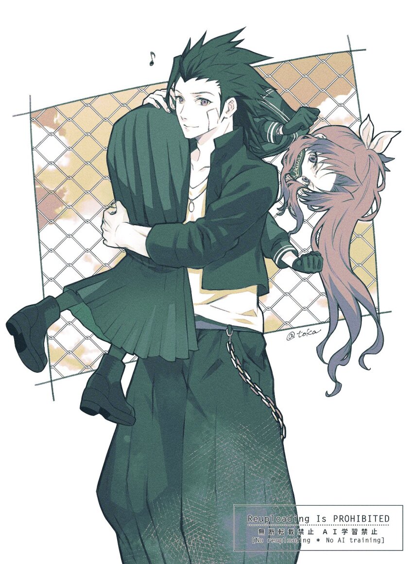 1boy 1girl aerith_gainsborough aerith_gainsborough_(midgard_seventh_high_school) baggy_pants bandaid bandaid_on_cheek bandaid_on_face belt_chain black_gloves black_hair black_jacket black_pants black_sailor_collar black_serafuku bow brown_hair carrying_over_shoulder closed_mouth commentary_request delinquent feet_out_of_frame final_fantasy final_fantasy_vii final_fantasy_vii_ever_crisis gakuran gloves hair_bow high_ponytail highres jacket jewelry long_hair long_skirt mask mouth_mask musical_note necklace official_alternate_costume open_clothes open_jacket pants pleated_skirt ponytail quichi_91 sailor_collar school_uniform serafuku shirt short_hair skirt spiked_hair sukeban zack_fair zack_fair_(midgard_seventh_high_school)