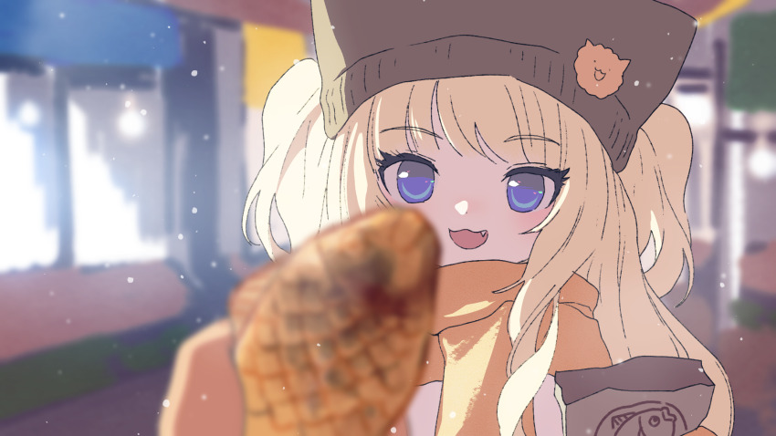 1girl :d bag beanie blonde_hair blue_eyes blurry blurry_background blurry_foreground blush brown_hat depth_of_field fang food hat highres holding holding_food long_hair looking_at_viewer mechuragi mittens open_mouth orange_mittens orange_scarf outdoors paper_bag scarf seeu smile snowing solo taiyaki two_side_up upper_body vocaloid wagashi
