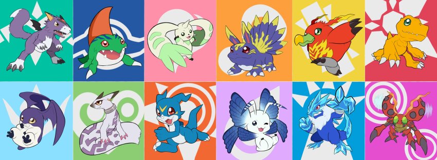 absurdres agumon betamon blucomon crests_(digimon) digimon digimon_(creature) dorumon elecmon_(violet) fangs highres horns kudamon lopmon morphomon muchomon sharp_teeth teeth tentomon tukaimon v-mon wings