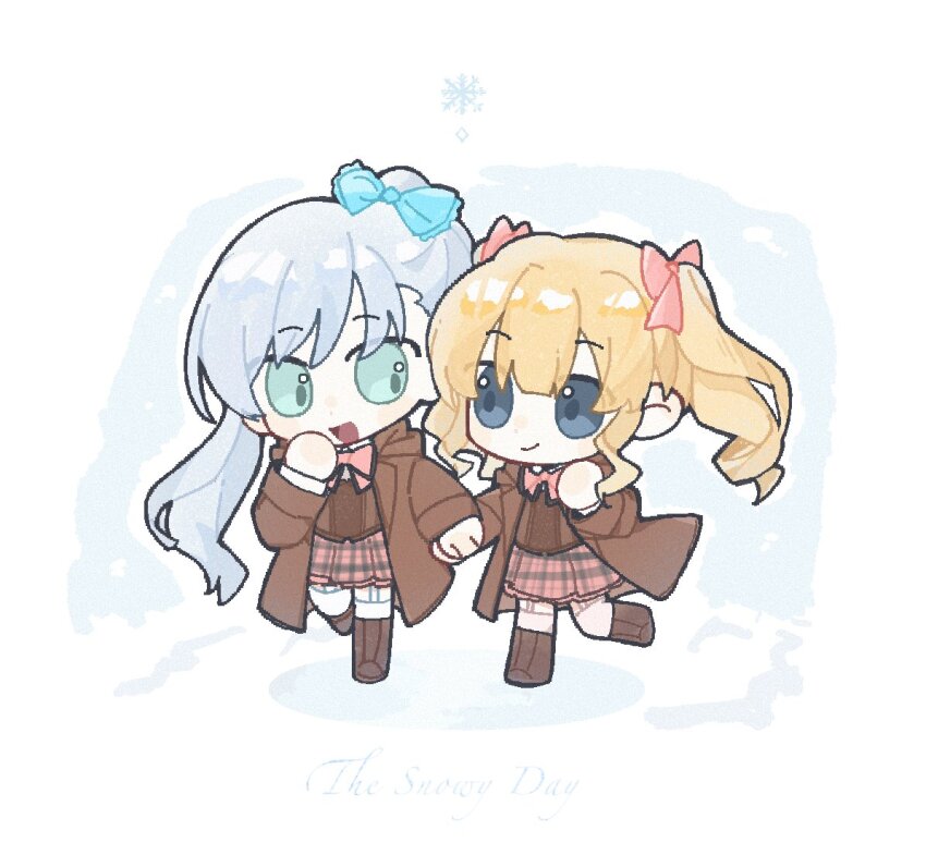 2girls :d aqua_eyes assault_lily blonde_hair blue_bow blue_eyes blunt_bangs boots bow brown_coat brown_footwear brown_skirt chibi closed_mouth coat commentary corset eye_contact full_body garter_straps grey_background grey_hair hair_bow hands_up high_ponytail holding_hands hood hood_down hooded_coat houjou_monica_asahi knee_boots leg_up long_hair long_sleeves looking_at_another looking_to_the_side ludvico_private_girls&#039;_academy_school_uniform medium_hair miniskirt multiple_girls narumi_clara_yuuko open_clothes open_coat open_mouth pink_bow plaid_clothes plaid_skirt ponytail school_uniform side-by-side side_ponytail sidelocks sideways_glance skirt smile snowflakes symbol-only_commentary thighhighs twintails two-tone_background very_long_hair walking white_background white_thighhighs xizhou_meng_ling