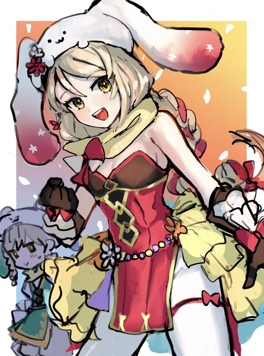 1boy 1girl animal_hat braid braided_ponytail brother_and_sister brown_gloves clanne_(fire_emblem) expressive_clothes fire_emblem fire_emblem_engage fire_emblem_heroes framme_(fire_emblem) framme_(spring)_(fire_emblem) gloves hair_over_shoulder hat highres leon0630claude nintendo official_alternate_costume pantyhose pelvic_curtain rabbit_hat scarf siblings white_pantyhose yellow_scarf
