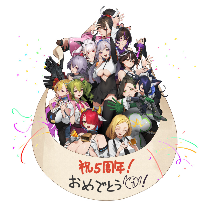 absurdres animal_ear_fluff animal_ears animal_print anniversary apron arm_guards asymmetrical_legwear badge bat_hair_ornament beeeeen bell bikini biting biting_ear black_hair black_necktie blonde_hair blue_hair boryeon_(last_origin) braid breasts brown_eyes brown_hair button_badge cat_ears cat_girl clover_ace collared_shirt colored_inner_hair covered_navel cow_ears cow_horns cow_print cow_print_bikini cow_print_gloves cowbell draculina_(last_origin) dress drill_hair erato_(last_origin) facial_mark fake_horns galatea_(last_origin) gloves green_hair grey_eyes grey_hair hair_bun hair_ornament hairband happy_anniversary highres holding holding_party_popper holding_scroll horns huge_breasts ignis_(last_origin) japanese_clothes kimono kunoichi_enrai kunoichi_shiden large_breasts last_origin lipstick long_hair long_sleeves maid maid_headdress makeup mechanical_arms multicolored_hair multiple_girls necktie nymph_(last_origin) official_alternate_costume one_side_up party_popper poi_(last_origin) pointy_ears ponytail print_bikini print_gloves purple_eyes purple_hair red_eyes red_hair sarena_(last_origin) scroll shirt short_hair side_drill simple_background swimsuit tiger_ears tiger_girl tiger_print tokusatsu translation_request twin_braids twintails two-tone_hair underboob very_long_hair white_hair
