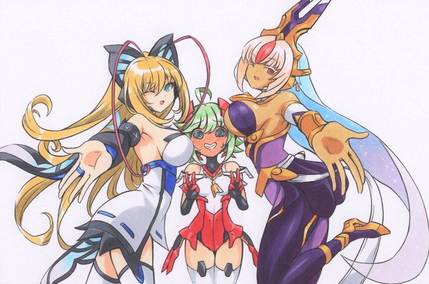 3girls @_@ ahoge ajikeneko antenna_hair arabian_clothes azure_striker_gunvolt azure_striker_gunvolt_2 azure_striker_gunvolt_3 bare_shoulders black_sleeves blonde_hair blue_eyes blush breasts butterfly_hair_ornament cowboy_shot dark-skinned_female dark_skin derivative_work detached_sleeves double_v dress full-face_blush green_eyes gunvolt_chronicles_luminous_avenger_ix gunvolt_records_cychronicle hair_ornament headgear highres large_breasts leotard long_hair lumen_(gunvolt) luxia_(gunvolt) multiple_girls one_eye_closed red_leotard roro_(gunvolt) short_hair simple_background small_breasts strapless strapless_dress v white_background white_leotard wide_sleeves