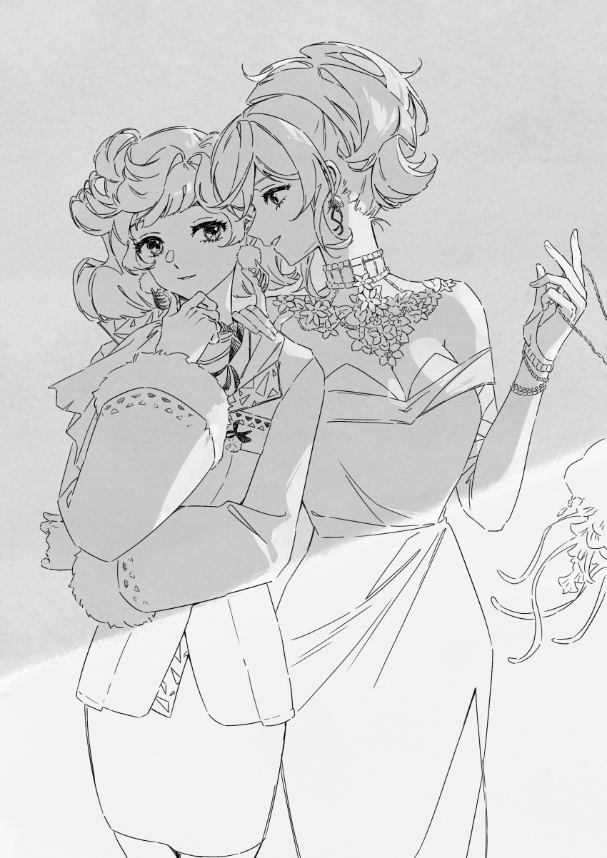 2girls absurdres bag bare_shoulders bracelet breasts bridal_gauntlets cleavage cowboy_shot dress eternity_(reverse:1999) evening_gown fur-trimmed_sleeves fur_trim greyscale hand_on_another&#039;s_shoulder hand_on_own_chin hand_up heads_together highres holding holding_bag jacket jellyfish_earrings jewelry long_dress looking_at_another looking_at_viewer miniskirt monochrome ms._newbabel multiple_girls necklace pencil_skirt ponytail profile reverse:1999 rokilly shade side_slit skirt smile stroking_own_chin turning_head whispering