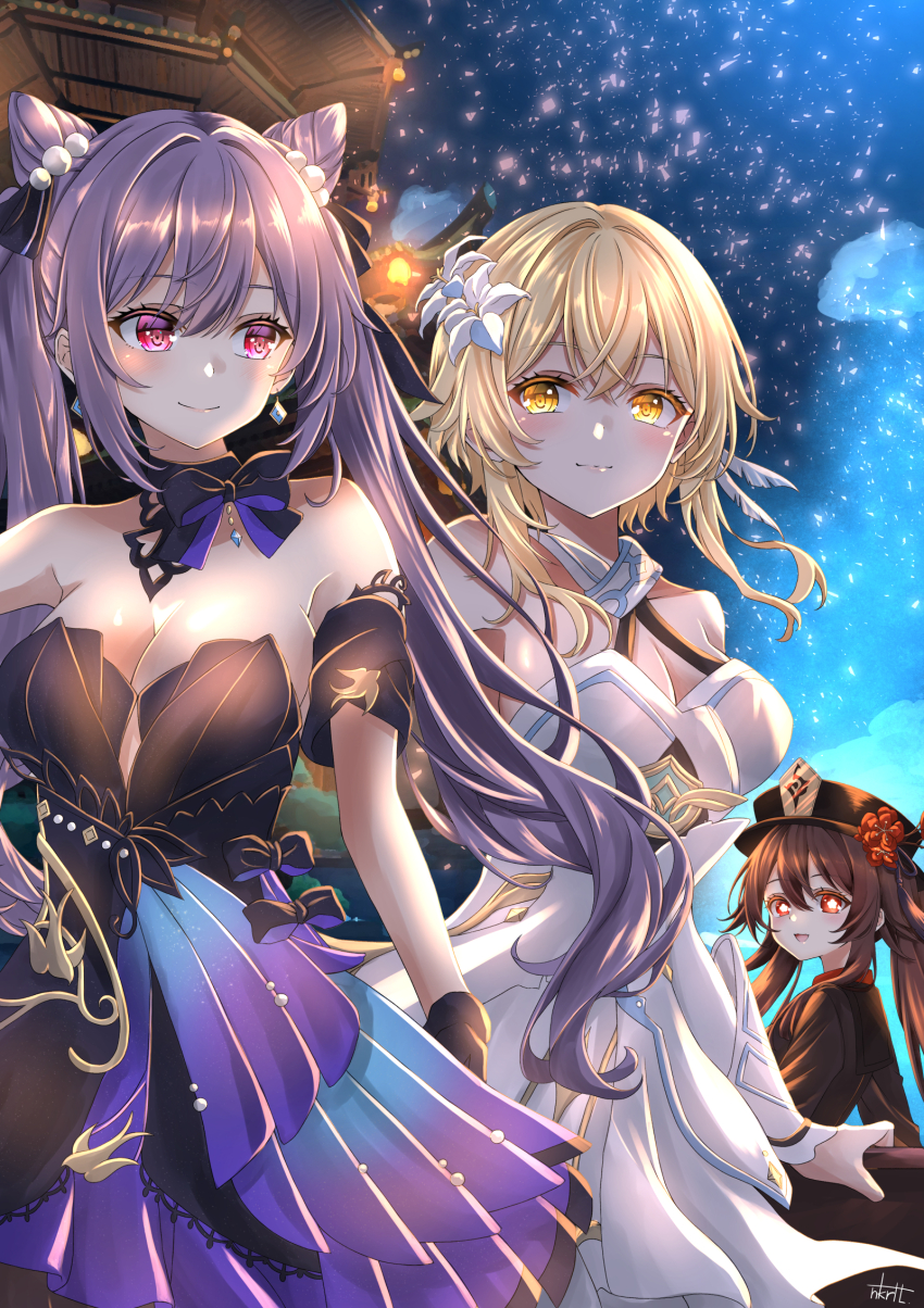 3girls blonde_hair breasts brown_hair cleavage cone_hair_bun flower flower_on_head genshin_impact hair_bun hat highres hu_tao_(genshin_impact) keqing_(genshin_impact) keqing_(opulent_splendor)_(genshin_impact) lumine_(genshin_impact) multiple_girls nakura_haru purple_hair
