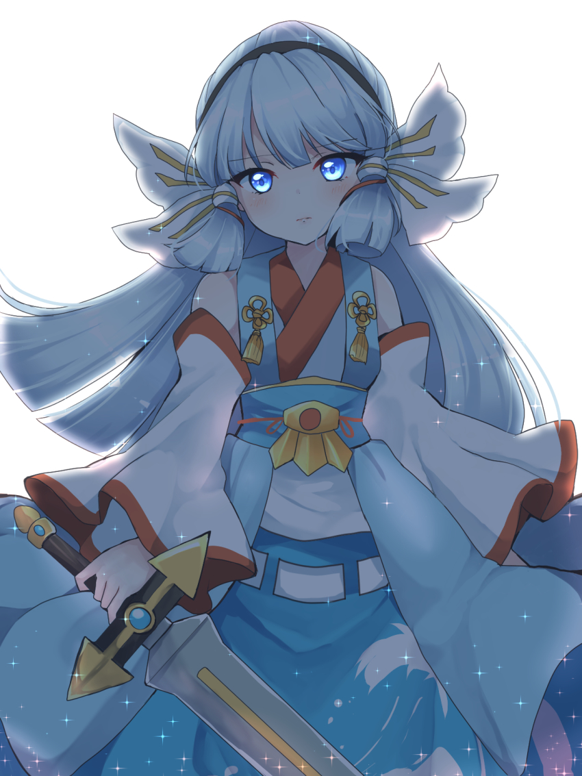 1girl blue_eyes detached_sleeves frilled_skirt frills highres japanese_clothes long_hair original ougi_hina riverbed_soul_saver skirt solo suitenguu_no_himemiko sword_of_kusanagi touhou very_long_hair white_hair