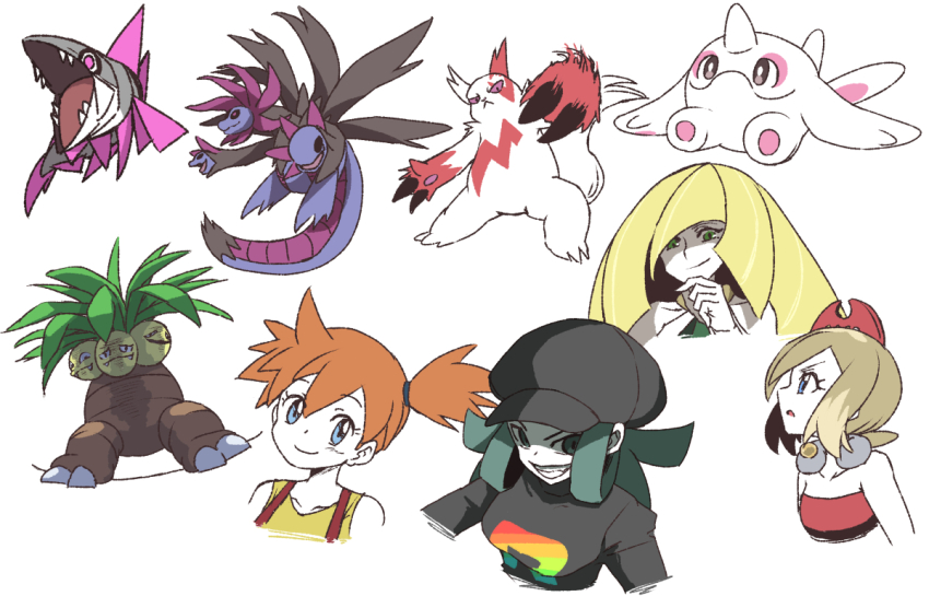 4girls aether_foundation asymmetrical_hair blonde_hair blue_eyes breasts cetoddle closed_mouth exeggutor eyelashes game_freak gen_1_pokemon gen_3_pokemon gen_5_pokemon green_eyes green_hair grin hair_tie hairband hat hydreigon irida_(pokemon) jewelry kotobukkii_(yt_lvlv) long_hair looking_at_viewer lusamine_(pokemon) misty_(pokemon) multiple_girls nintendo open_mouth orange_hair pokemon pokemon_(anime) pokemon_(classic_anime) pokemon_legends:_arceus pokemon_sm pokemon_usum ponytail red_hairband red_shirt shirt short_hair short_sleeves shorts side_ponytail smile suspenders team_rainbow_rocket team_rainbow_rocket_grunt team_rocket team_rocket_grunt teeth upper_body veluza yellow_shirt zangoose