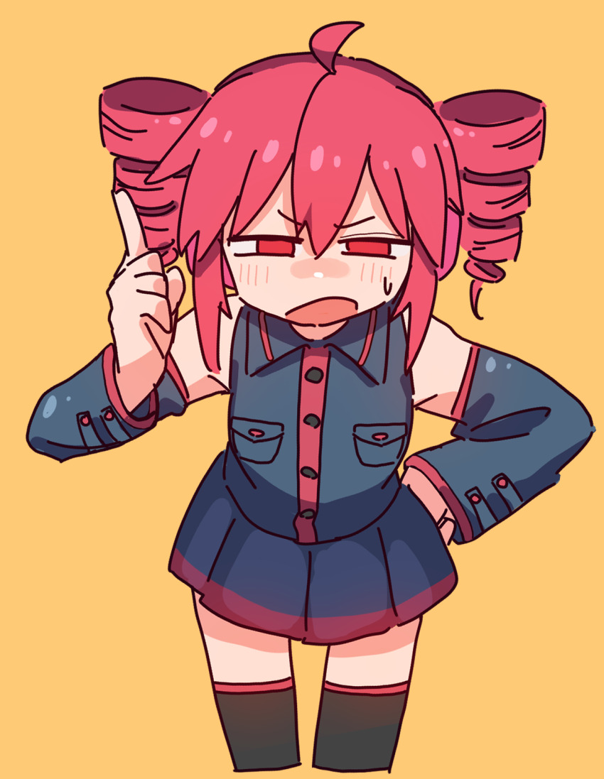 1girl 9302w_(user_wjpg8475) ahoge black_shirt black_skirt commentary_request cowboy_shot detached_sleeves drill_hair highres index_finger_raised kasane_teto kasane_teto_(utau) open_mouth red_eyes shirt sidelocks simple_background skirt sleeveless sleeveless_shirt solo sweatdrop utau yellow_background
