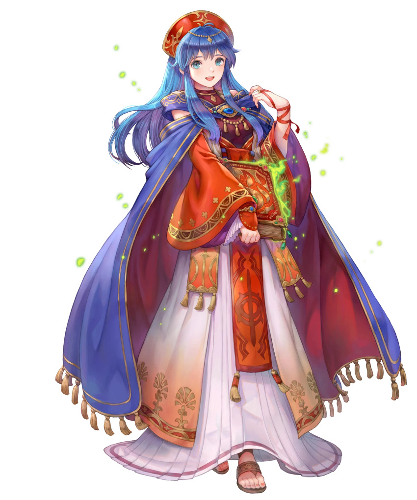 1girl blue_cape blue_eyes blue_hair book cape fire_emblem fire_emblem:_the_binding_blade fire_emblem_heroes haccan high_heel_sandals highres holding holding_book lilina_(brilliant_flame)_(fire_emblem) lilina_(fire_emblem) long_hair nintendo non-web_source official_alternate_costume official_art sandals smile solo