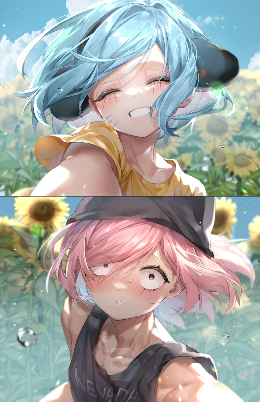 2boys absurdres aged_down alltime_natsu animal_ears beanie black_tank_top blue_hair brown_eyes child closed_eyes commentary_request day facial_mark fake_animal_ears field flower flower_field grin hat highres male_focus multiple_boys nyen_(randal&#039;s_friends) nyon_(randal&#039;s_friends) outdoors pink_hair randal&#039;s_friends short_hair smile sunflower sunflower_field sweat tank_top upper_body whisker_markings wind yaoi