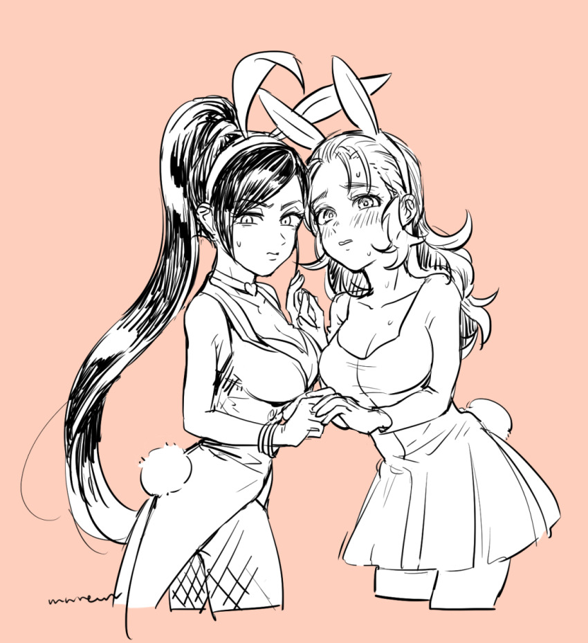2girls animal_ear_hairband animal_ears artist_name bracelet breasts checkered_clothes checkered_dress choker cleavage commentary_request cowboy_shot dragon_quest dragon_quest_xi dress fake_animal_ears fishnet_pantyhose fishnets greyscale_with_colored_background hairband heart heart_choker high_ponytail holding_hands jewelry large_breasts long_hair looking_to_the_side martina_(dq11) mnnem multiple_girls nontraditional_playboy_bunny open_mouth orange_background pantyhose ponytail rabbit_ears rabbit_tail sketch sweatdrop tail tailcoat tailcoat_playboy_bunny trait_connection vivian_(dq11)