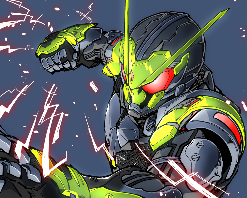 1boy amakawa_mayu armor blue_background clenched_hand close-up glowing glowing_eyes highres kamen_rider kamen_rider:_reiwa_the_first_generation kamen_rider_01_(series) kamen_rider_zero-one male_focus open_hand power_armor red_eyes solo tokusatsu v-fin