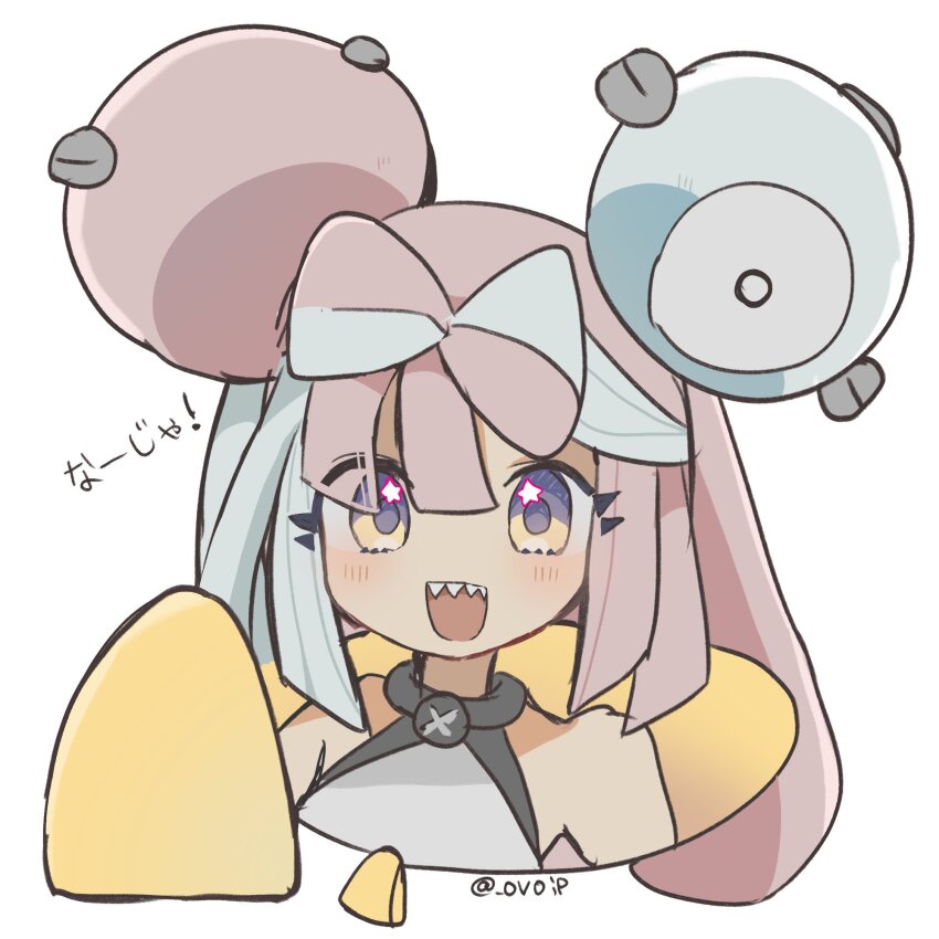 1girl blue_hair blush gen_1_pokemon hair_ornament highres iono_(pokemon) magnemite multicolored_hair nintendo ovoip pink_hair pokemon pokemon_sv sharp_teeth simple_background smile solo teeth twitter_username two-tone_hair white_background