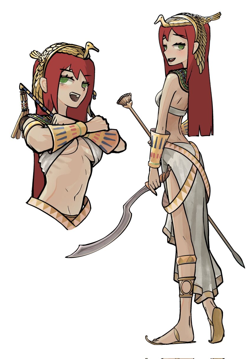 1girl ancient_egyptian_clothes armlet breasts green_eyes headdress highres holding holding_weapon jewelry khopesh long_hair medium_breasts midriff original red_hair sebear_ours weapon white_background