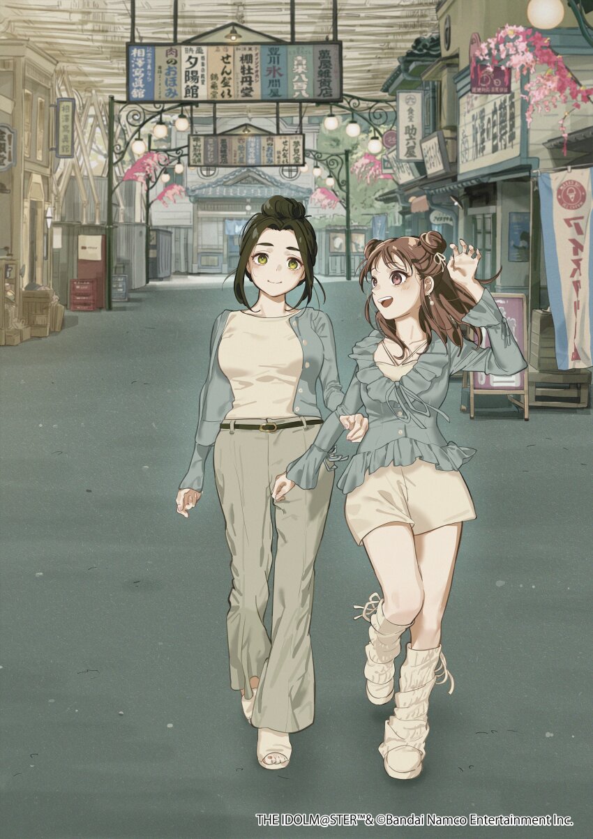 2girls absurdres black_hair brown_hair copyright_name copyright_notice double_bun ebihara_naho fragments_of_the_idolmaster_cinderella_girls frilled_shirt frills full_body hair_bun highres idolmaster idolmaster_cinderella_girls looking_at_another loose_socks multiple_girls munakata_atsumi official_art open_mouth pants pink_eyes real_world_location shirt shorts smile socks un_(un0044) walking yellow_eyes