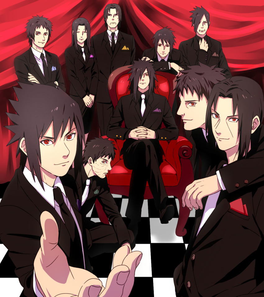 1girl 6+boys alternate_costume black_hair black_suit brothers chair checkered_floor family father_and_son formal_clothes highres husband_and_wife kneeling long_hair looking_at_viewer mannmaruu mother_and_son multiple_boys naruto_(series) naruto_shippuuden on_chair red_eyes scar scar_on_face serious sharingan short_hair siblings sitting smile squatting suit uchiha_fugaku uchiha_itachi uchiha_izuna uchiha_kagami uchiha_madara uchiha_mikoto uchiha_obito uchiha_sasuke uchiha_shisui uchiha_tajima