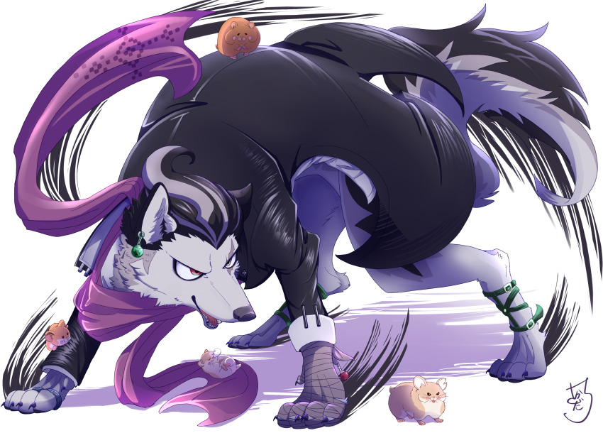 absurdres animal animalization bandaged_paw black_hair black_jacket cham-p danganronpa_(series) danganronpa_2:_goodbye_despair earrings hamster heterochromia highres jacket jewelry jum-p maga-g multicolored_hair no_humans open_mouth pink_scarf ring sakadachi_(tsuya_69) scar scar_across_eye scar_on_face scarf short_hair signature sun-d tanaka_gundham wolf