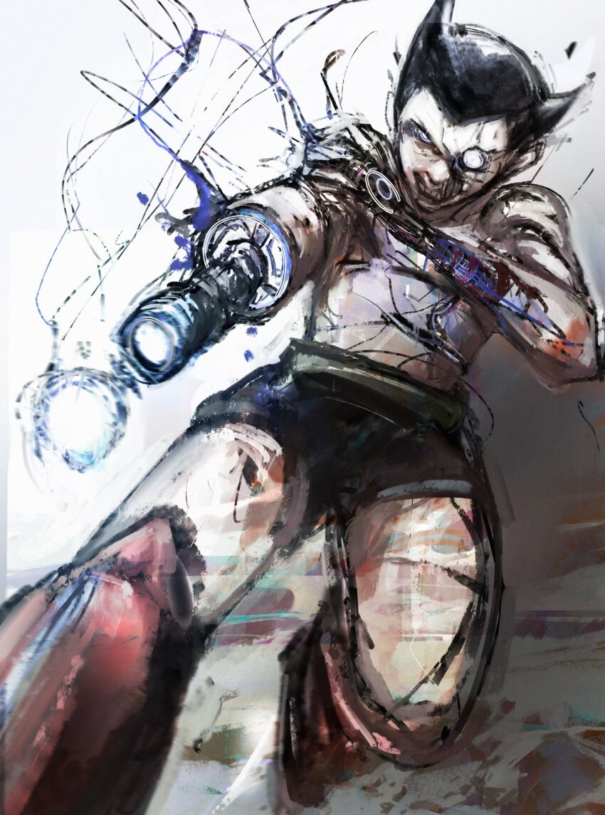 1boy aiming aiming_at_viewer android arm_cannon atom_(tetsuwan_atom) battle_damage black_hair boots boxers damaged energy_ball exposed_internal_machinery full_body hand_on_own_arm highres knee_boots kyezzzz looking_at_viewer male_focus male_underwear powering_up red_boots robot short_hair solo tetsuwan_atom topless_male underwear v-shaped_eyes weapon