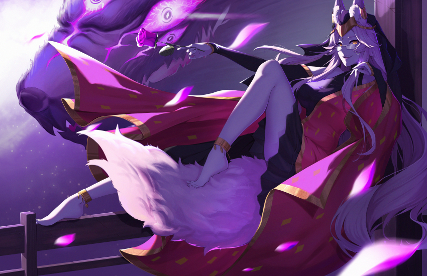 1girl absurdres animal_ears anklet barefoot black_dress commentary_request detached_sleeves dress fangs fate/grand_order fate_(series) flower fox_ears fox_girl fox_tail glasses highres holding holding_flower hood huge_filesize jewelry koyanskaya_(fate) koyanskaya_(indian_lostbelt_outfit)_(fate) long_dress long_hair monster petals pink_hair purple_flower purple_rose reclining red_dress rose sitting solo tail tamamo_(fate) user_grsd2825 very_long_hair yellow_eyes