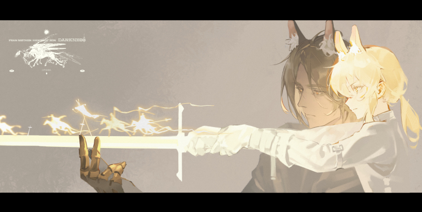 absurdres aged_down animal_ear_fluff animal_ears arknights blonde_hair closed_mouth commentary_request energy_sword from_side gauntlets grey_background highres horse_boy horse_ears horse_girl letterboxed long_hair long_sleeves mlynar_(arknights) nearl_(arknights) nini7793 orange_eyes parted_bangs ponytail profile short_hair sword teaching uncle_and_niece upper_body weapon