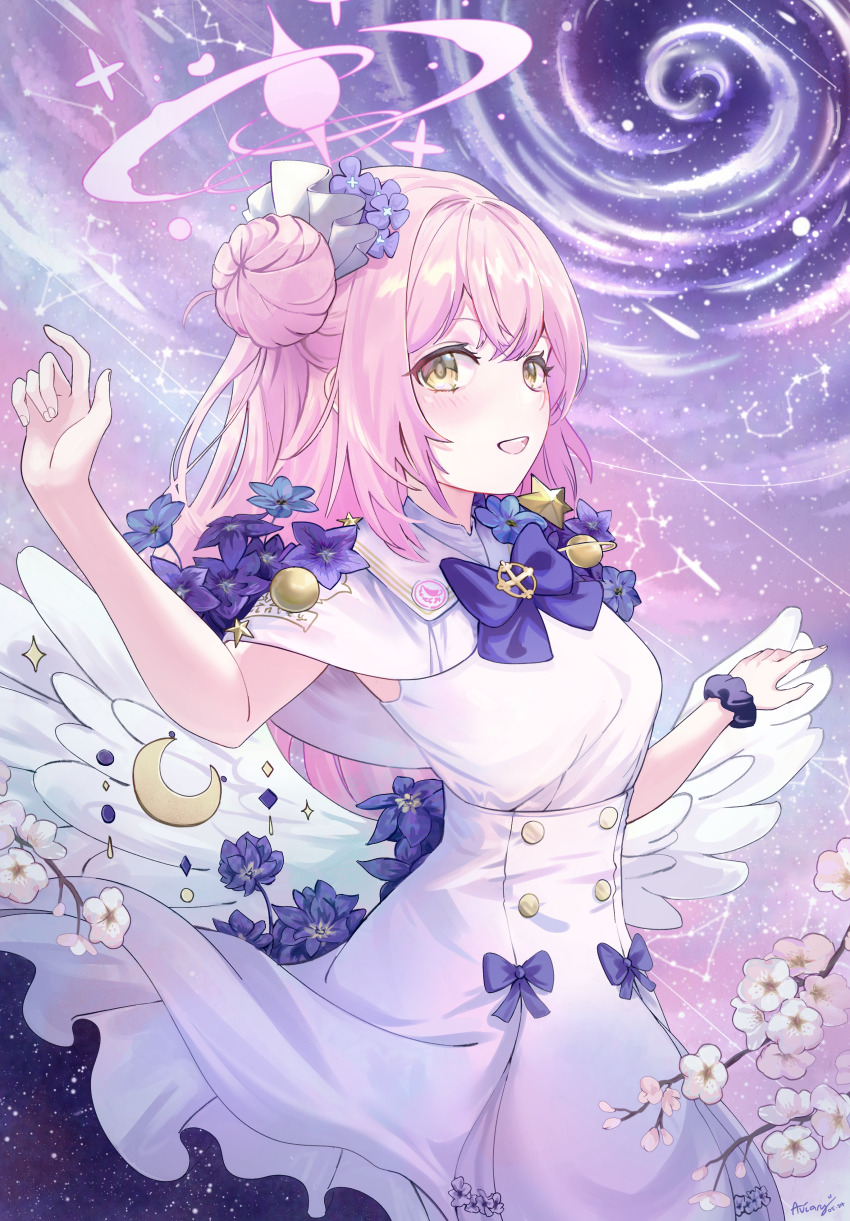 1girl absurdres angel_wings aries_(constellation) artist_name aviary badge bellflower black_scrunchie blue_archive blue_flower blush bow bowtie branch button_badge buttons capelet capricorn_(constellation) cherry_blossoms chinese_bellflower commentary constellation crescent_print crossed_bangs dated double-breasted dress dress_bow dress_flower feathered_wings flower frilled_dress frills gemini_(constellation) hair_bun hair_flower hair_ornament halo hands_up highres leo_(constellation) libra_(constellation) long_hair low_wings meteor mika_(blue_archive) pink_hair pink_halo pose_request purple_bow purple_bowtie purple_flower revision sagittarius_(constellation) scorpius_(constellation) scrunchie side_up_bun sideways_glance single_side_bun sky sleeveless sleeveless_dress smile solo spiral star_(sky) star_(symbol) star_print starry_sky starry_sky_print taurus_(constellation) teeth three_quarter_view trinity_general_school_logo upper_body upper_teeth_only white_capelet white_dress white_flower white_wings wings wrist_scrunchie yellow_eyes zodiac