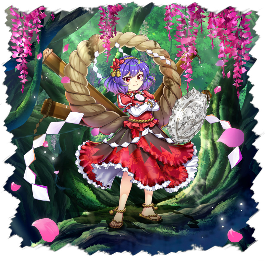 1girl aged_down black_skirt breasts child closed_mouth crossed_arms falling_petals flower flower_request forest frilled_skirt frills full_body game_cg hair_ornament highres layered_sleeves leaf leaf_hair_ornament long_sleeves looking_at_viewer maple_leaf medium_hair mirror multicolored_skirt nature official_art onbashira outdoors petals pink_flower pink_petals purple_hair red_eyes red_shirt red_skirt rope rotte_(1109) sandals shide shimenawa shirt short_over_long_sleeves short_sleeves skirt smile solo standing third-party_source touhou touhou_lostword transparent_background tree two-tone_skirt yasaka_kanako yasaka_kanako_(moriya&#039;s_official_tiny_god)